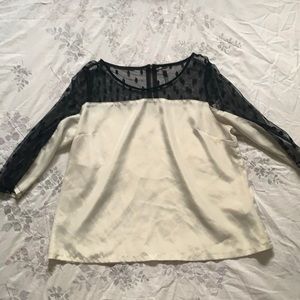 Cream Long Sleeve Blouse with Black Mesh Detailing